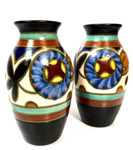Pair of Antique Gouda Pottery Vase / Art Deco / Dutch / Blue / Brown / Yellow